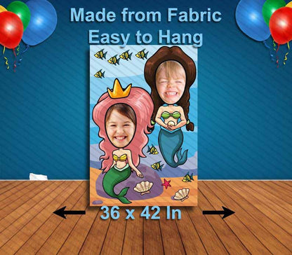 Two Mermaids Face Cutout, Hole in Face, Party Selfie  Photo Prop, Birthday Decoration