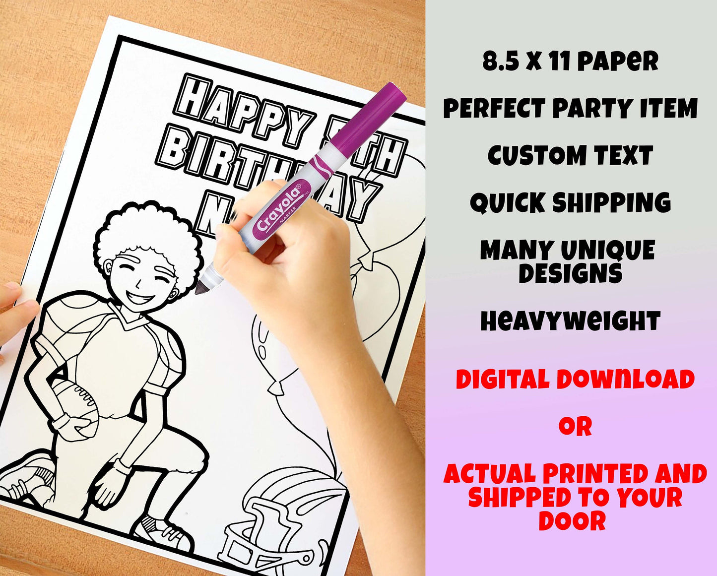 Football Player Happy Birthday Coloring pages, Custom, Personalized Party Decor