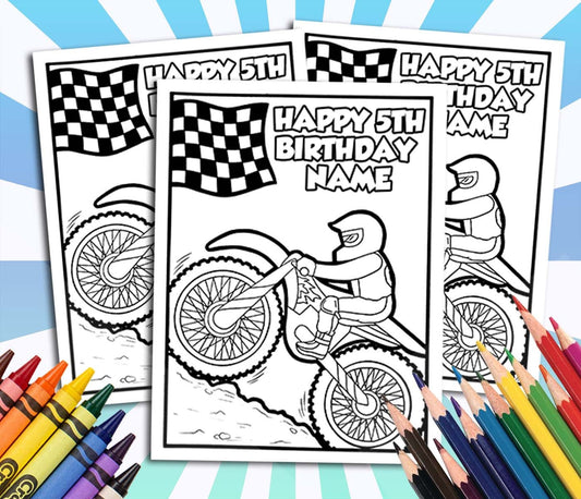 Motocross Bikes Happy Birthday Coloring pages, Custom, Personalized Party Decor