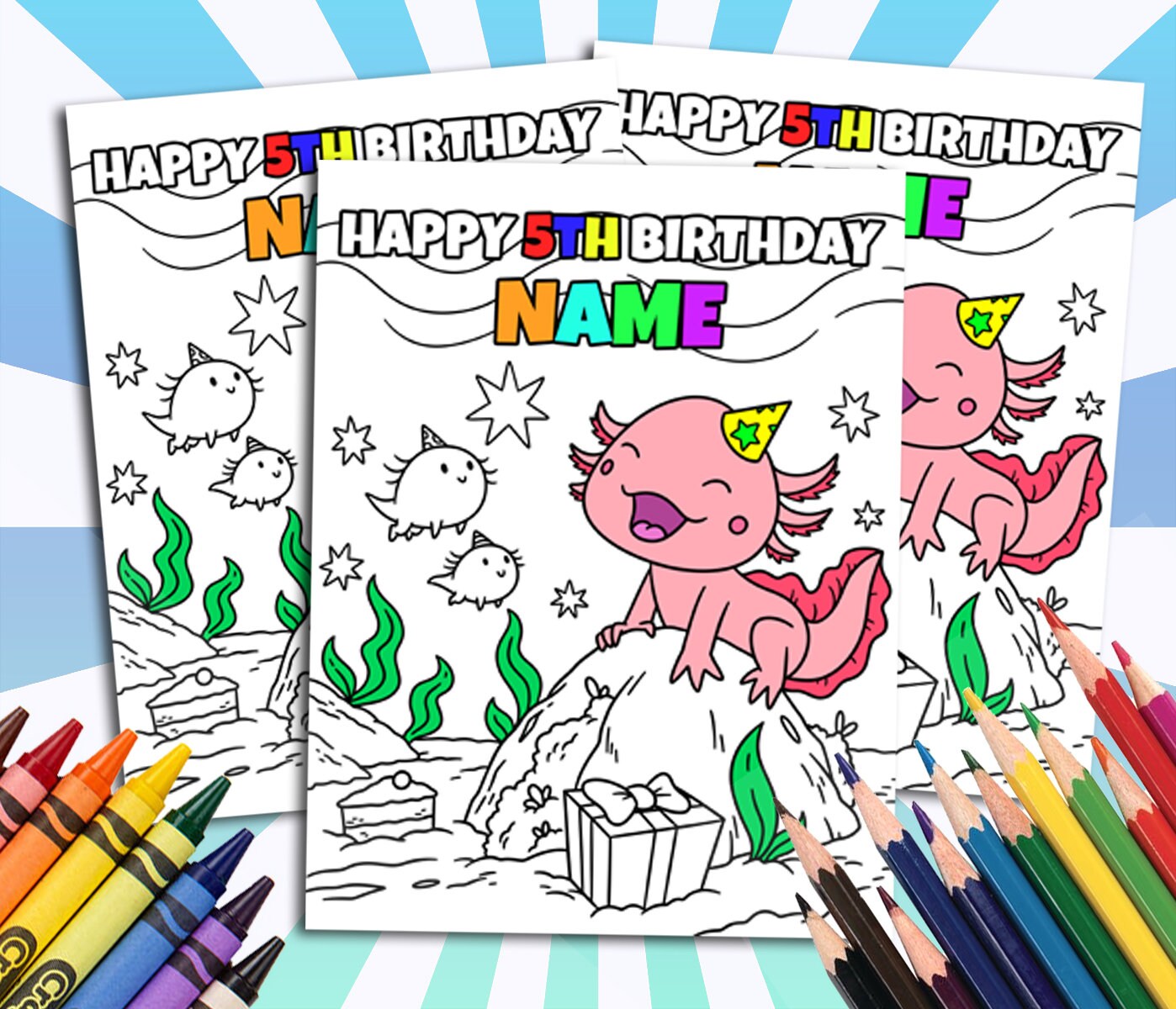 Axolotl Animal Happy Birthday Coloring pages, Custom, Personalized Party Decor