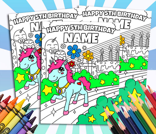 Unicorn Happy Birthday Coloring pages, Custom, Personalized Party Decor