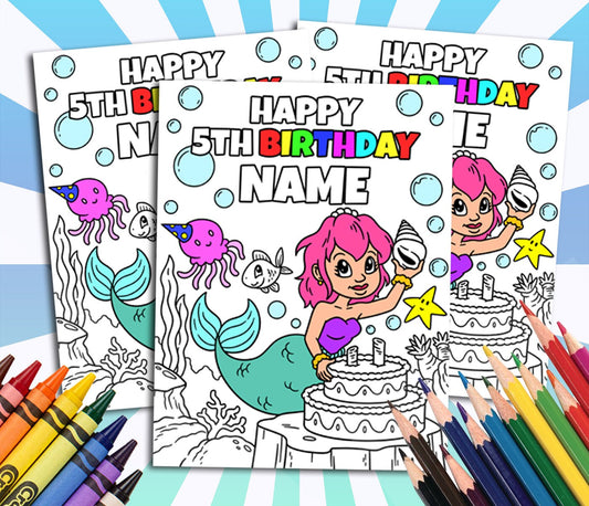 Mermaid Happy Birthday Coloring pages, Custom, Personalized Party Decor