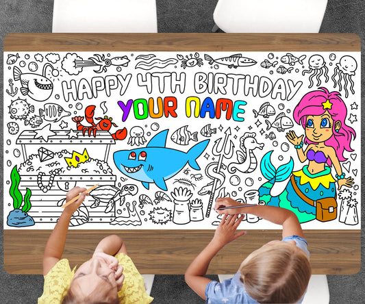 Mermaid Coloring Page, Custom Beach Birthday Sheet, Jumbo Coloring Book Pages, Personalized Theme Giant Coloring Poster