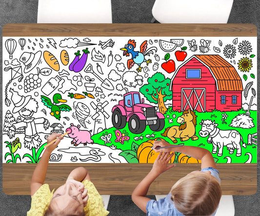 Farm Coloring Page, Custom Barnyard Theme Birthday Sheet, Jumbo Coloring Book Pages, Personalized Theme Giant Coloring Poster