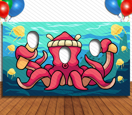 Giant Octopus Theme Face Cutout, 42x72" Photo Stand-in, Party Selfie Photo Prop