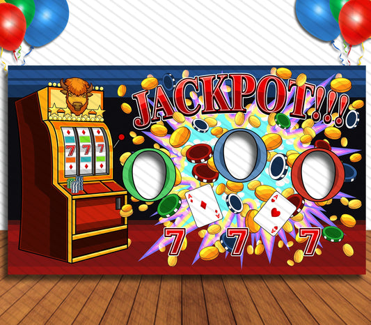 Slot Machine Jackpot!, Casino Theme Face Cutout, 42x72" Photo Standee, Party Selfie Photo Prop